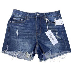 Indigo Rein Sz 5 High Rise Distressed Denim Shorts Dark Blue Vintage Style Curvy